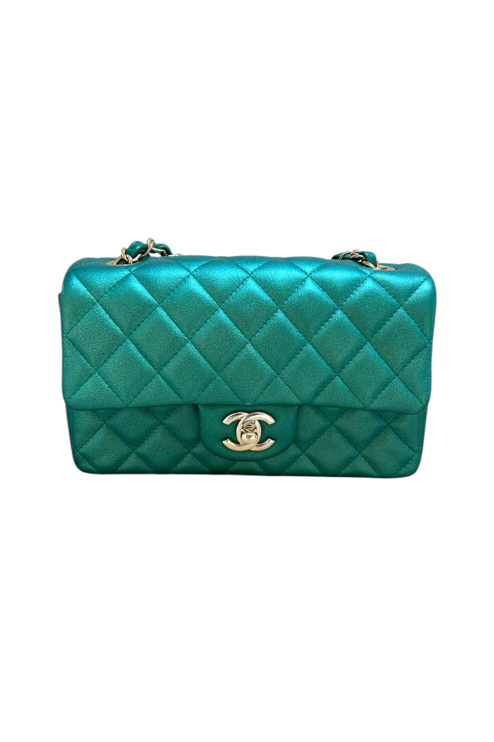 CHANEL 22A mini rectangle emerald green iridescent handbag full set