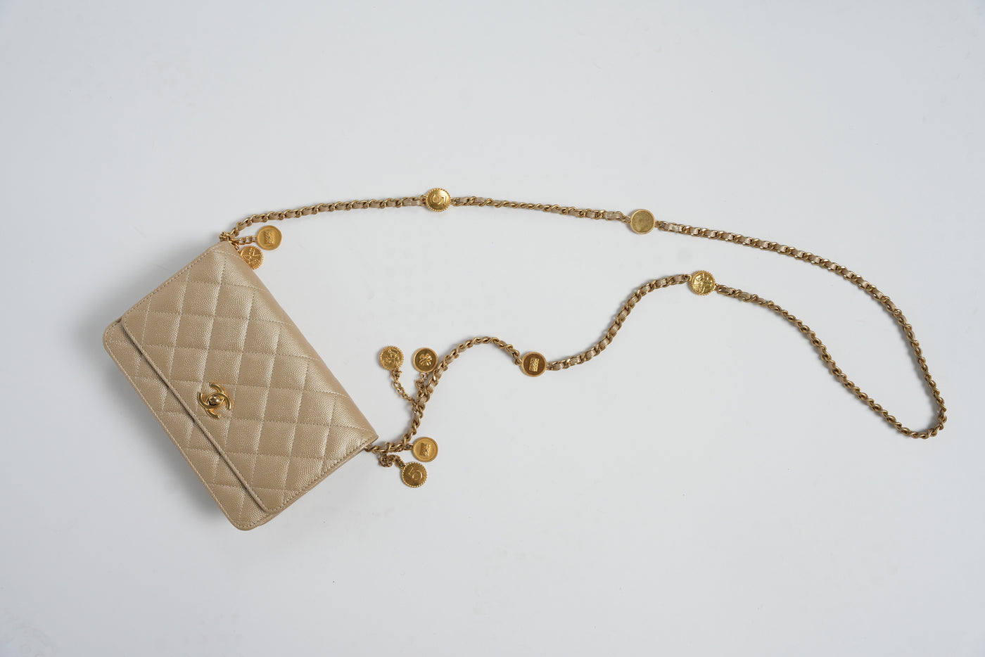 CHANEL gold caviar charm wallet on chain limited edition 2023 new full set