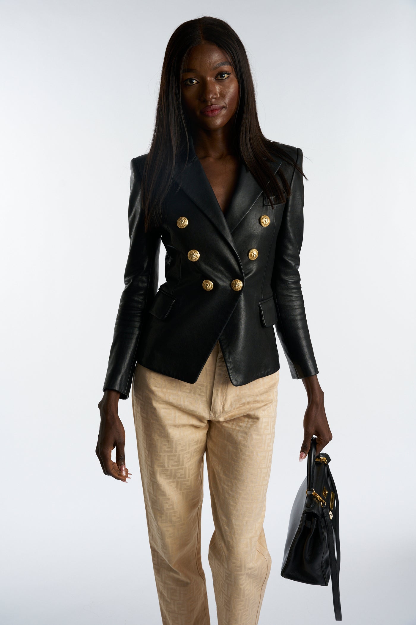 BALMAIN Black Leather Double-breasted Gold buttons blazer size 36 RRP: £3195