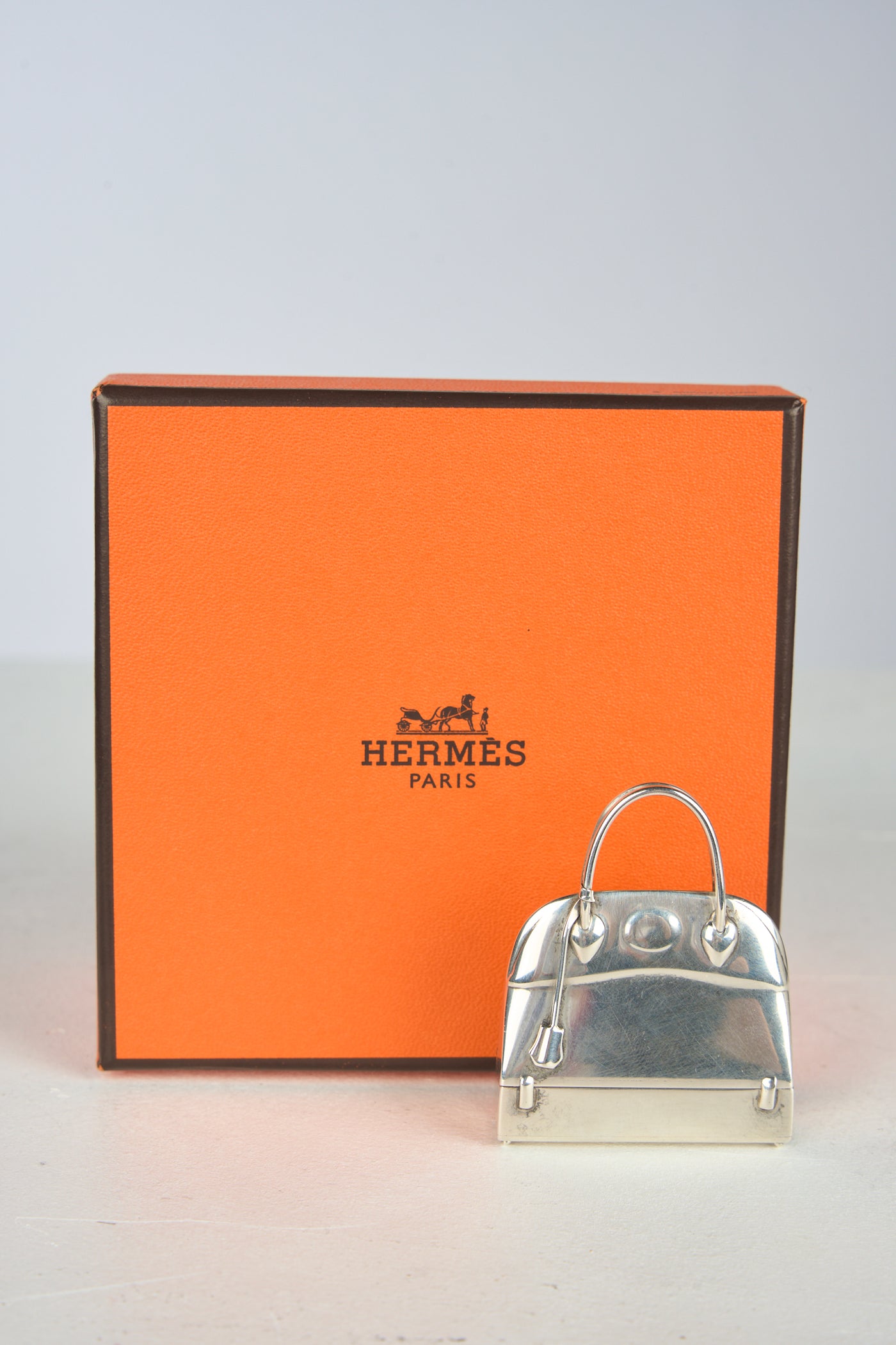 HERMES 1970's silver Mini Bolide Pill Box Charm pendant with pouch and box