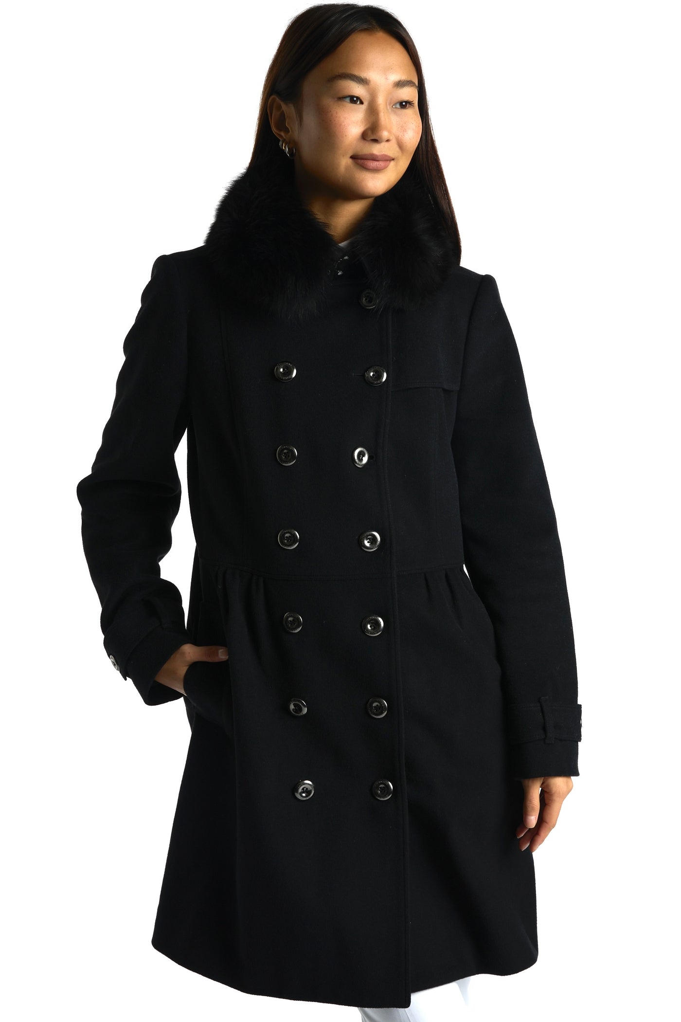 BURBERRY wool cashmere coat with fox fur collar