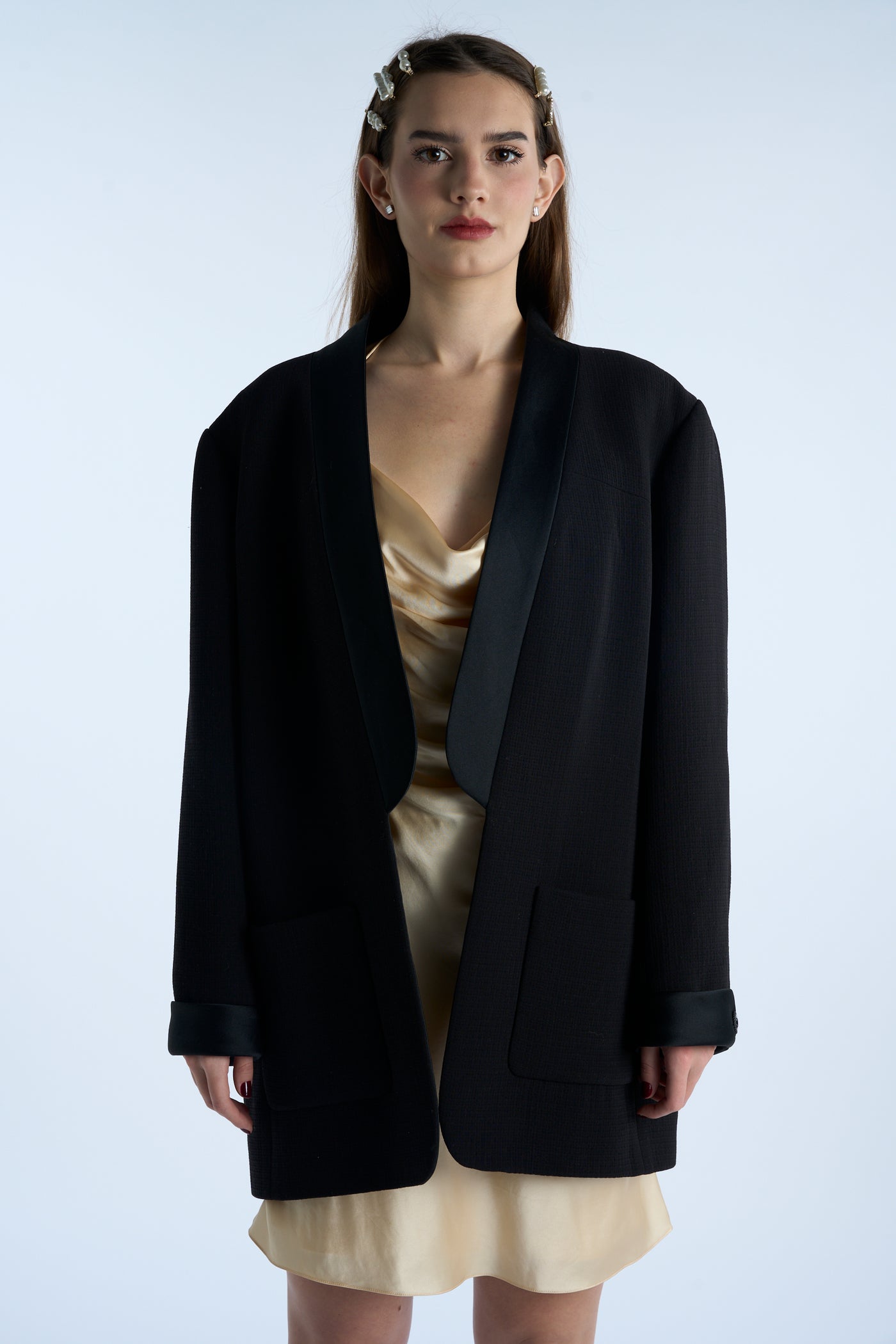 CHANEL black open blazer jacket with CC cuff links size 50