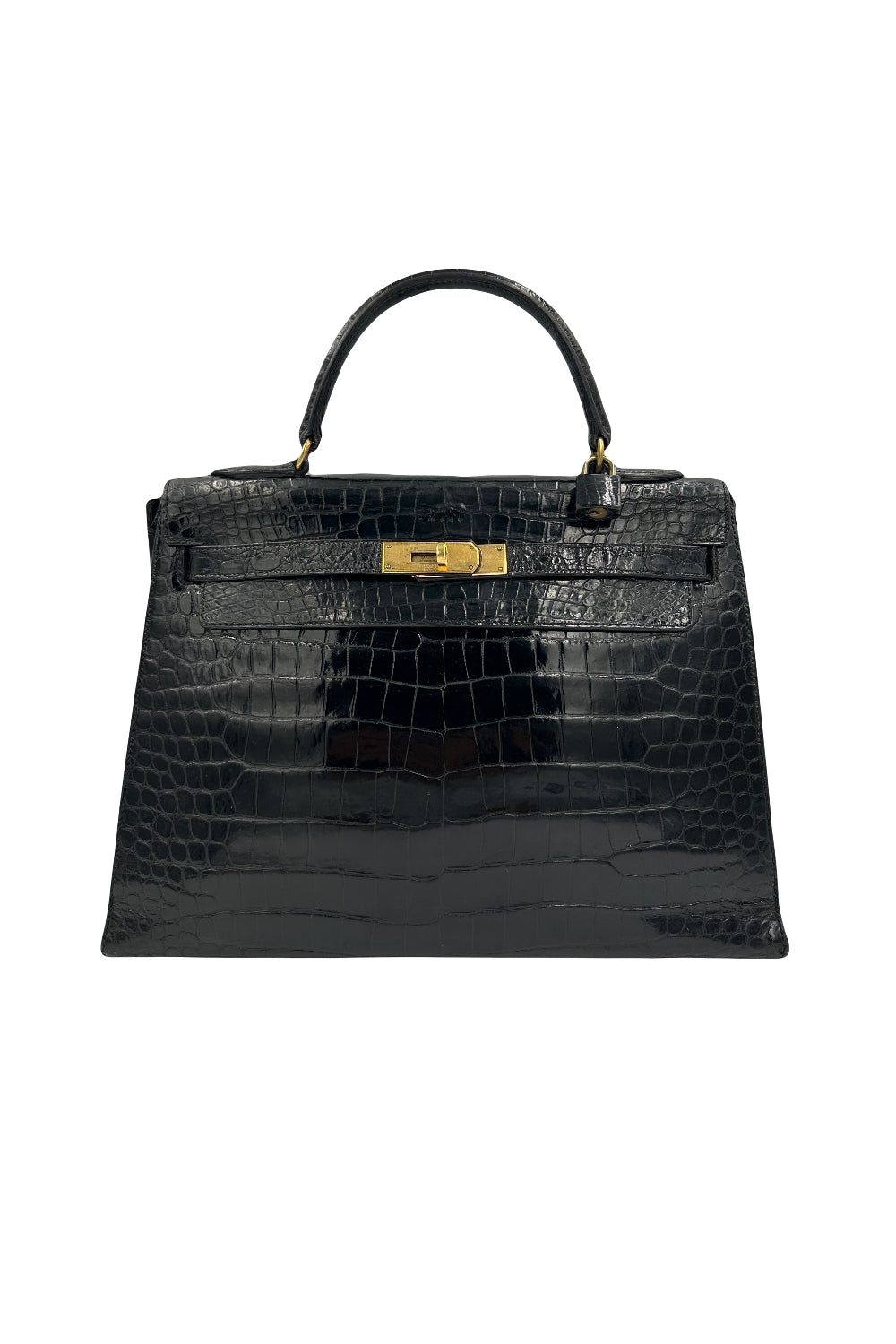 HERMES Kelly 32cm black shiny porosus crocodile ghw 1970's