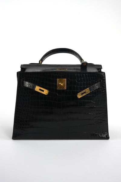 HERMES Kelly 32cm black shiny porosus crocodile ghw 1970's