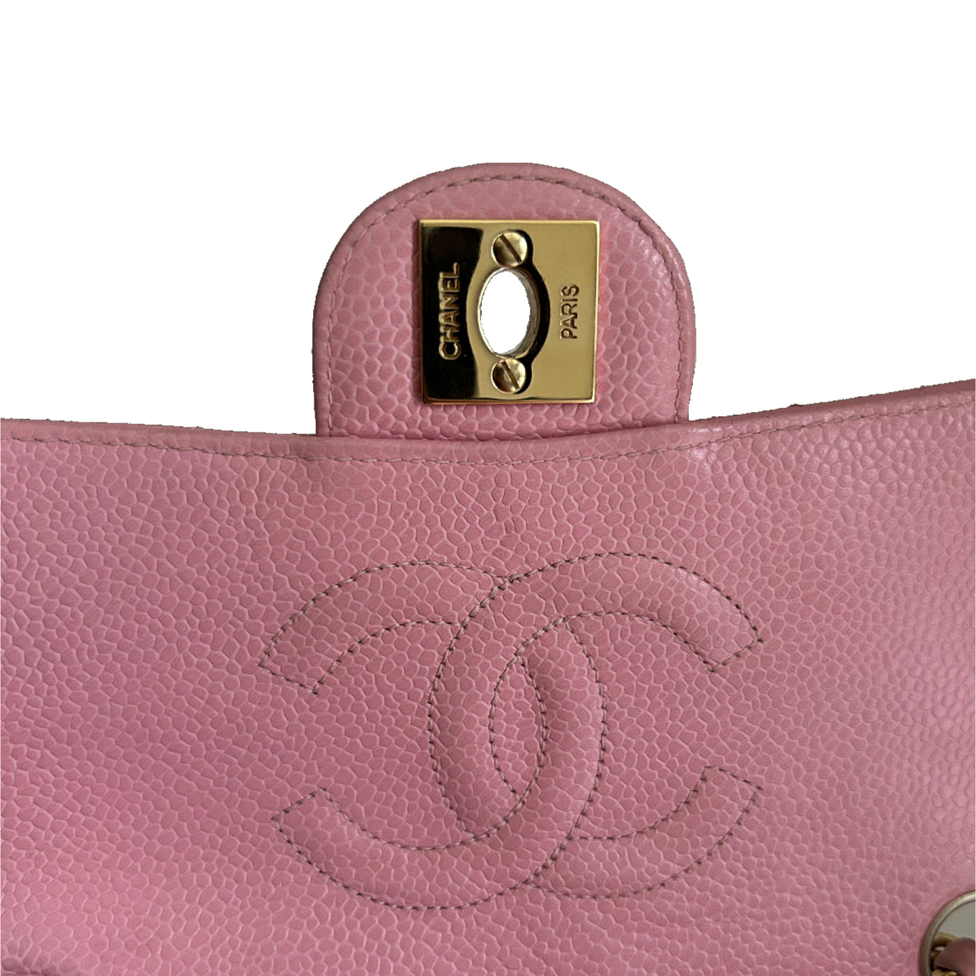 CHANEL rare mini square pink caviar with gold hardware collector piece