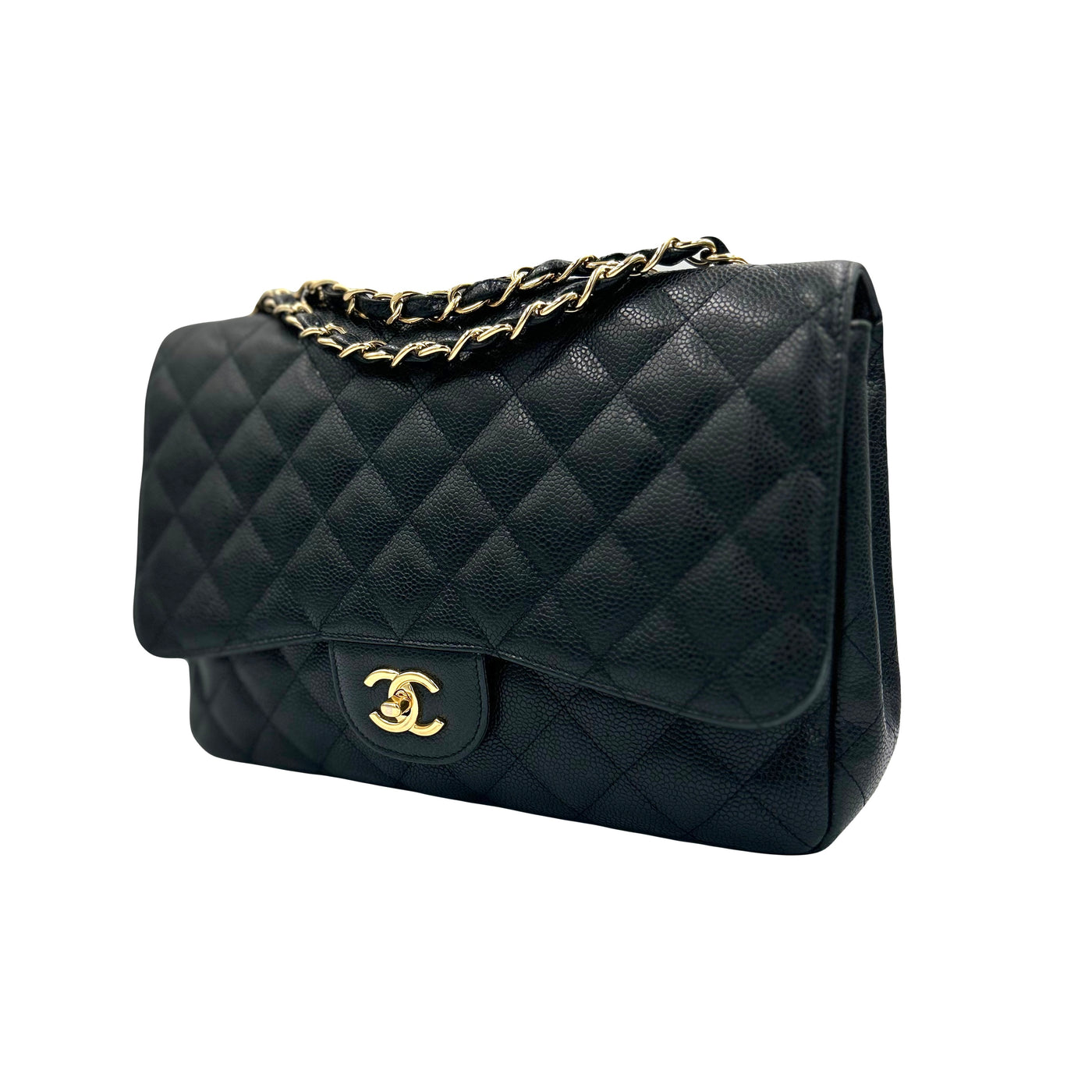 CHANEL Classic Jumbo Caviar single flap handbag with gold hardware