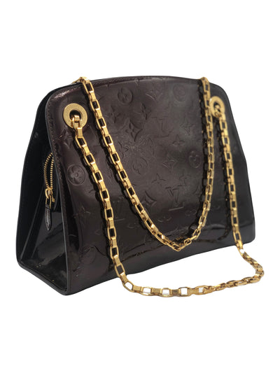 LOUIS VUITTON patent monogram handbag with gold chain