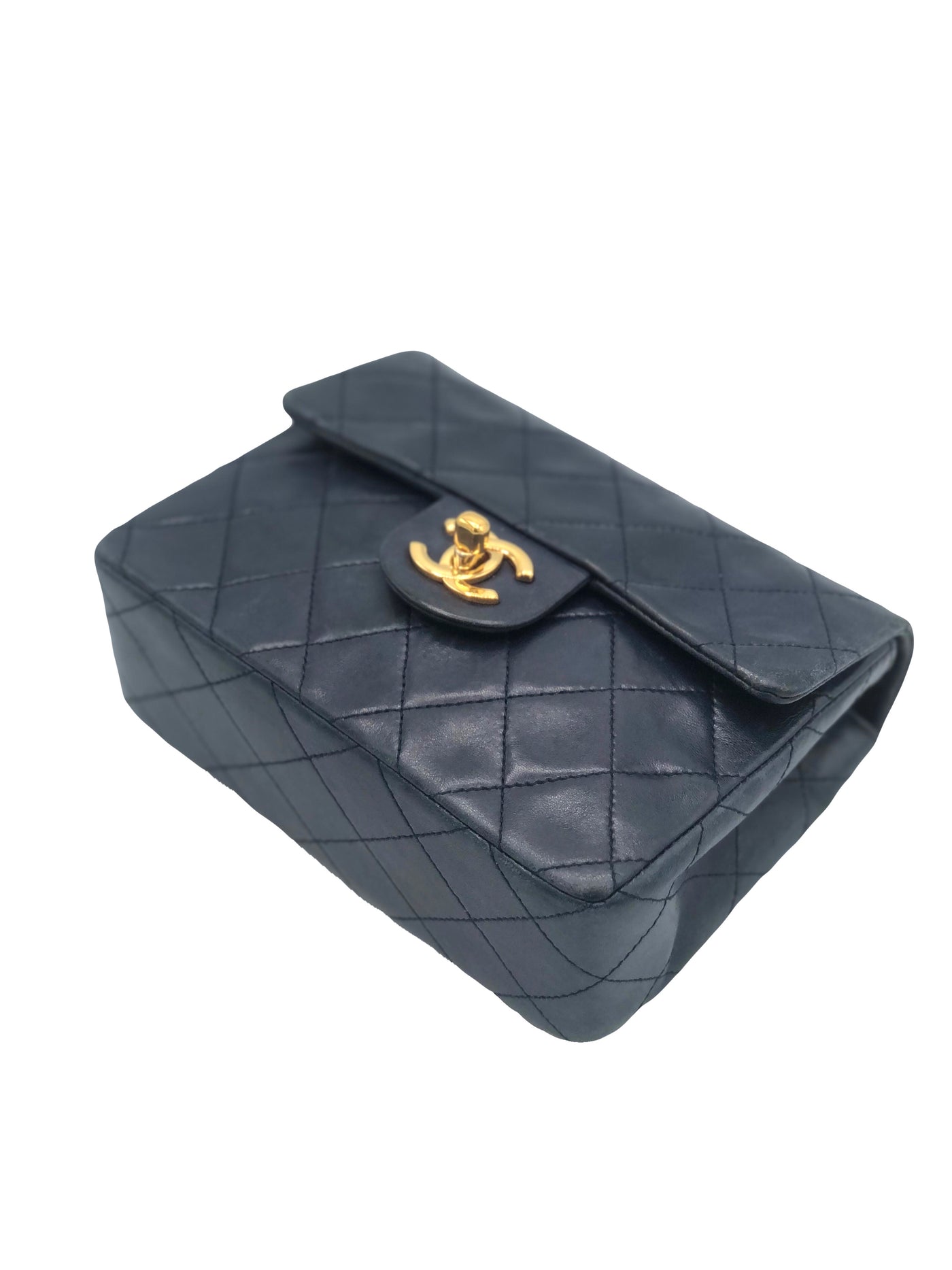 CHANEL vintage 1989-1991 navy mini square lambskin 24ct gold