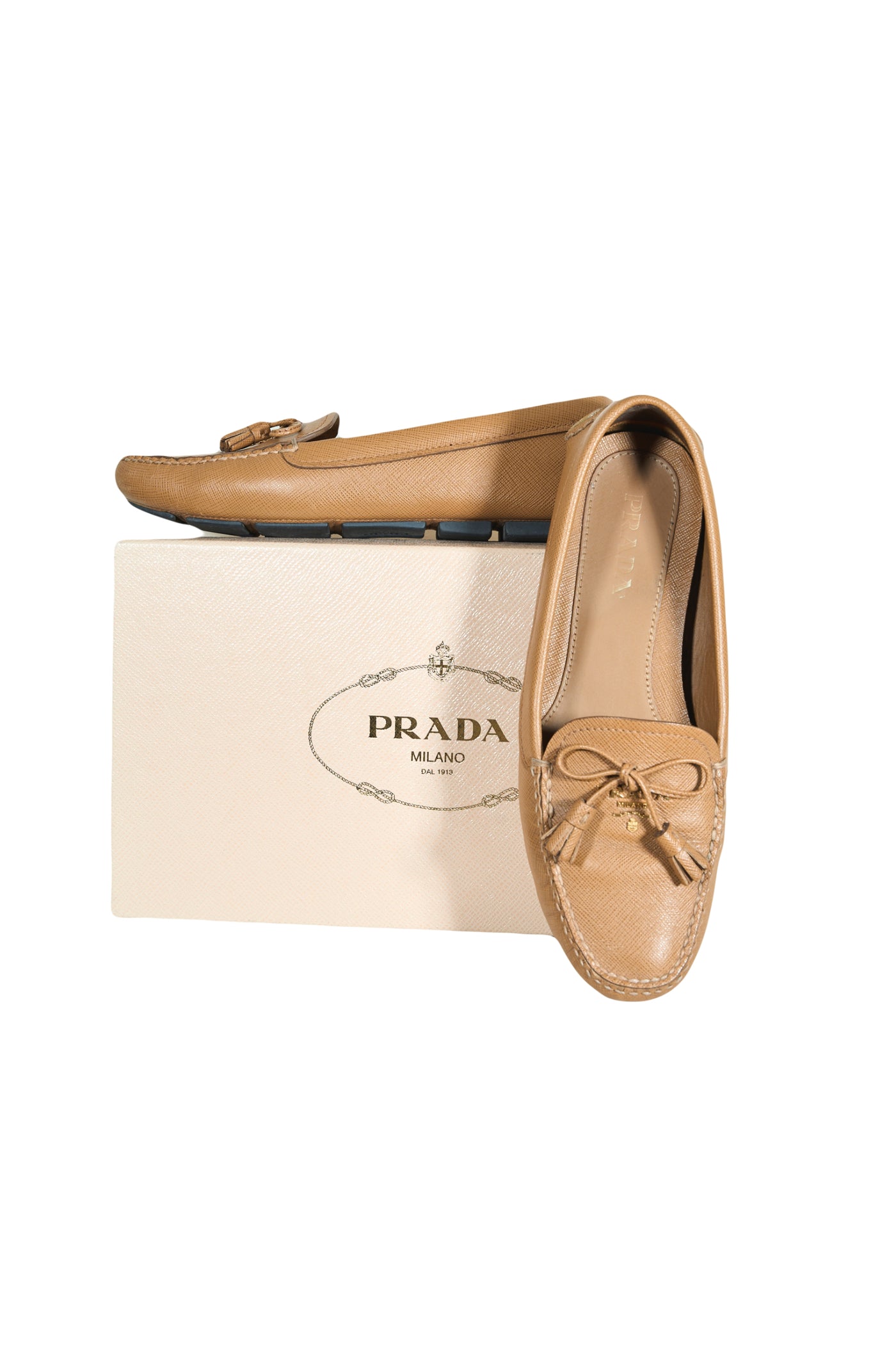 PRADA beige leather loafers with box