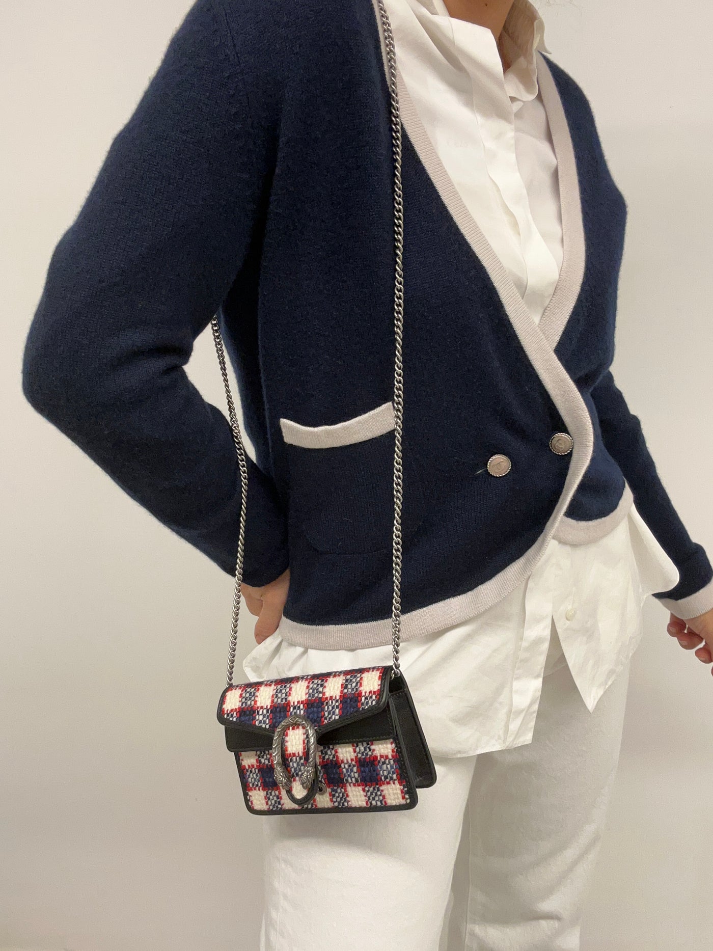 GUCCI Dyonisus extra mini tweed red, white, navy handbag