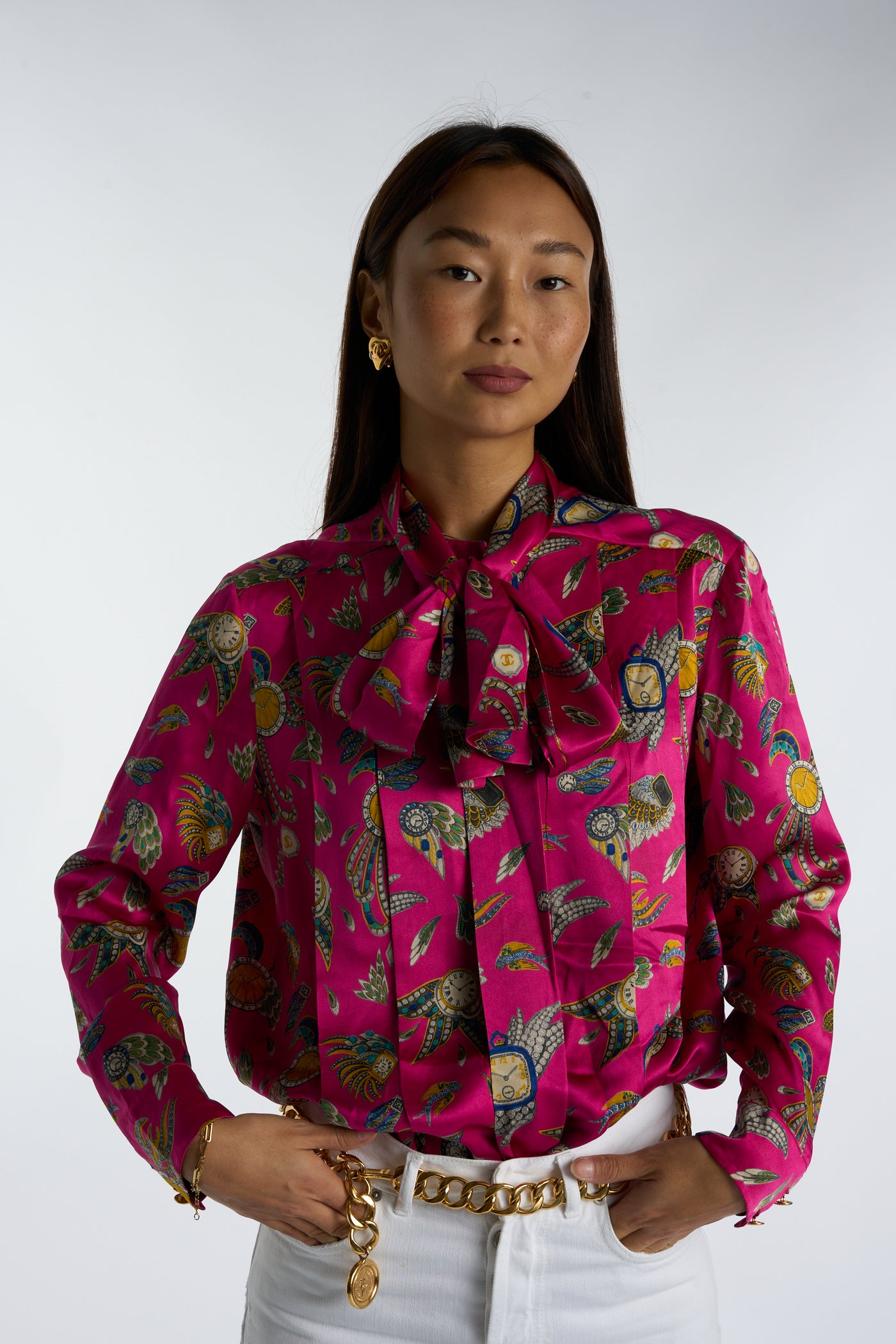 CHANEL F/W 1991 hot pink print silk blouse