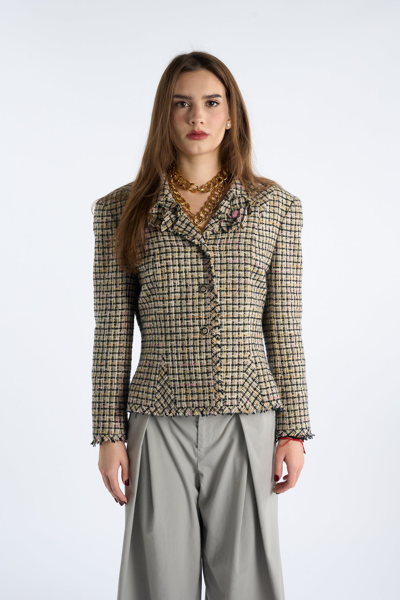 CHANEL tweed two camelia brooches jacket size 44