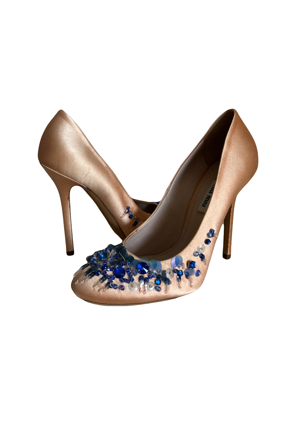 MIU MIU pink satin heels with blue beads size 38