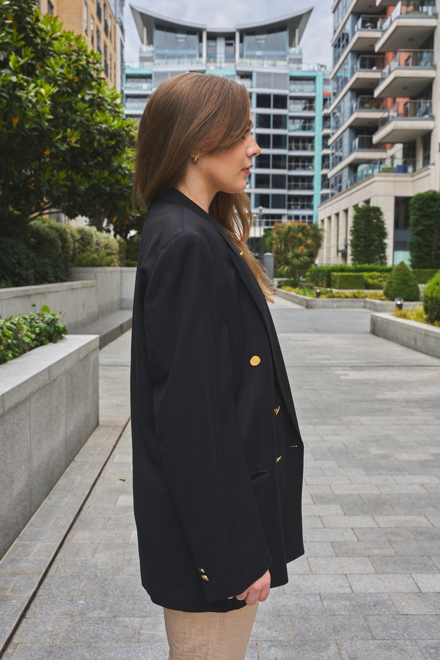 YSL navy double breasted blazer with gold "ysl" buttons