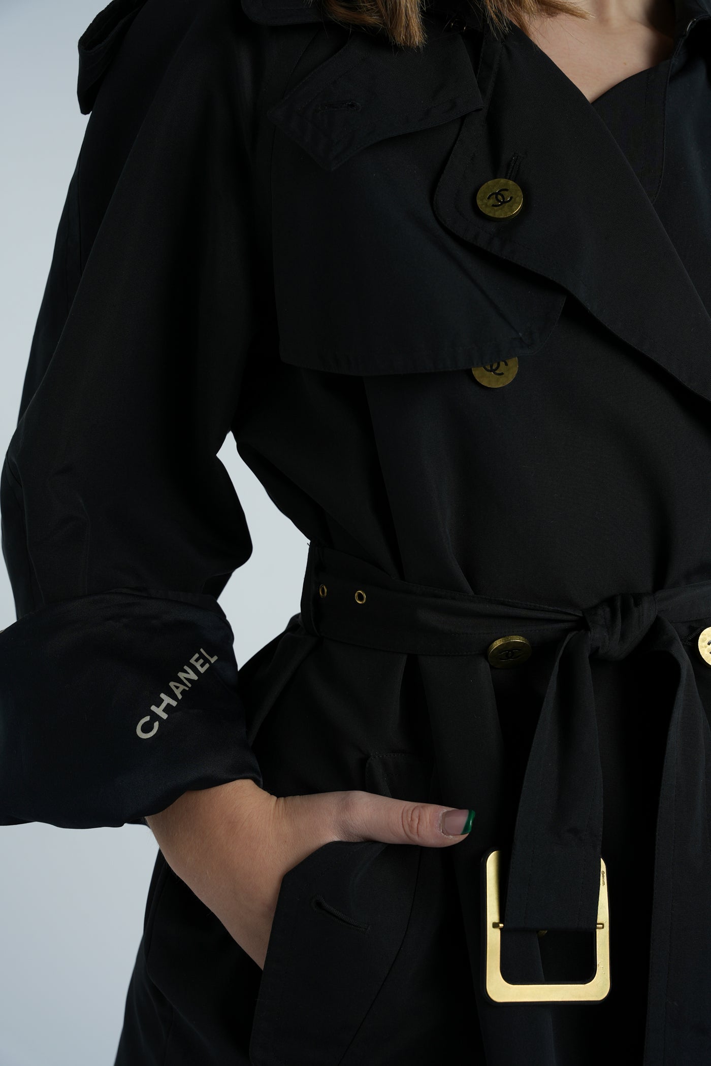 CHANEL collector's black trench with lettering lining vintage 1994