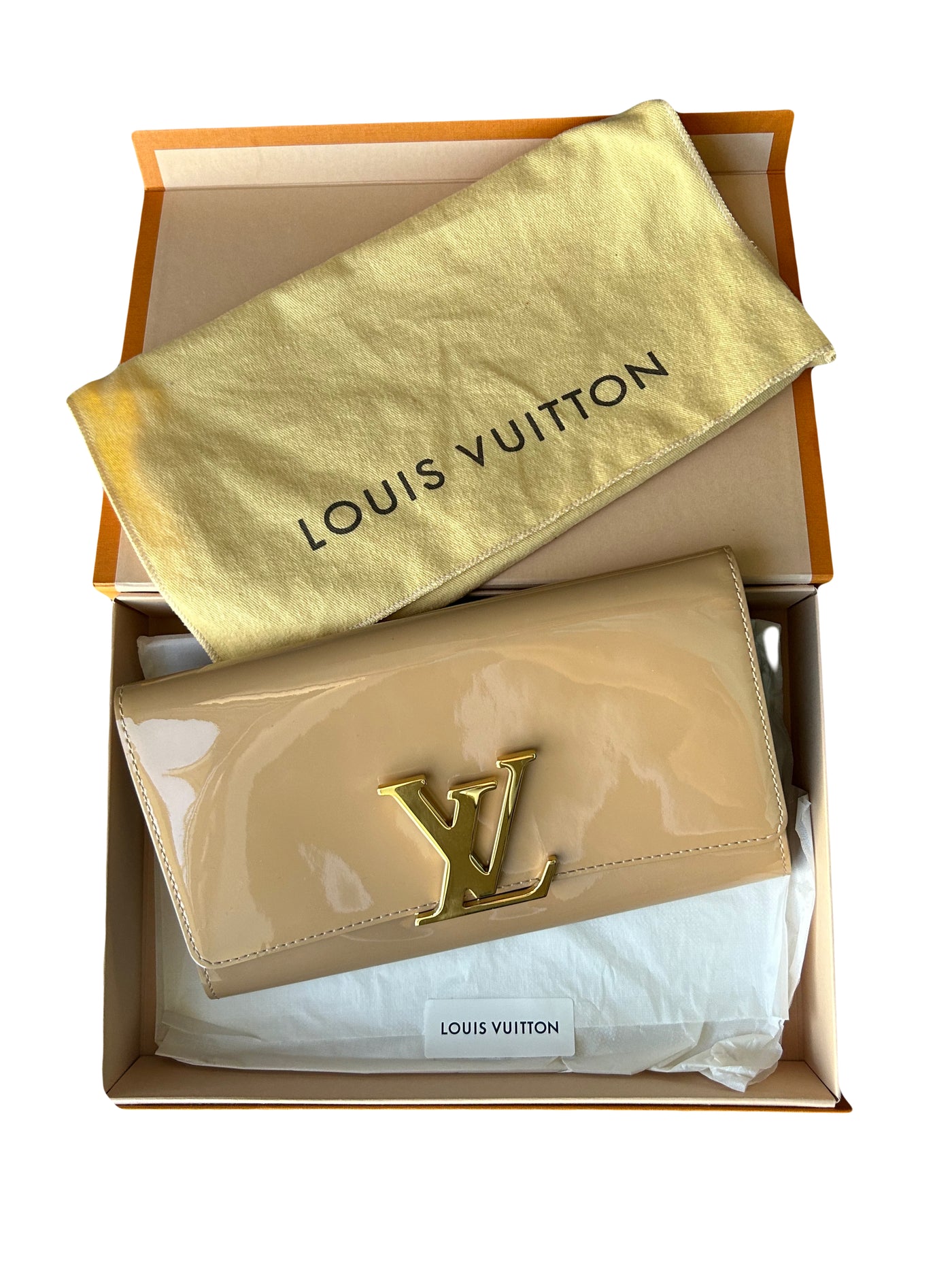 LOUIS VUITTON Louise beige patent clutch full set