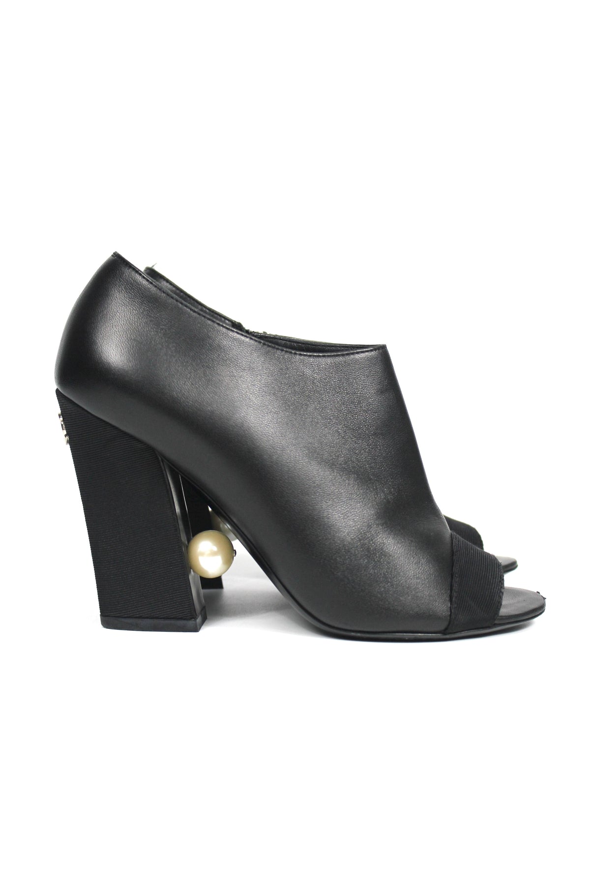 CHANEL Black leather Open Toe Boots with Pearls and CC Heels size