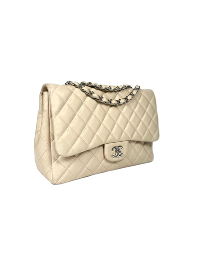CHANEL Jumbo Single Flap Beige Clair Lambskin Leather Silver Hardware with box