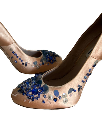 MIU MIU pink satin heels with blue beads size 38