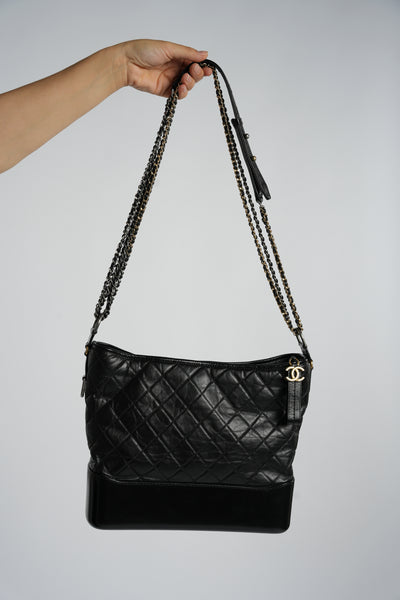 CHANEL Gabrielle black calfskin leather handbag with ruthenium ,silver and gold hardware