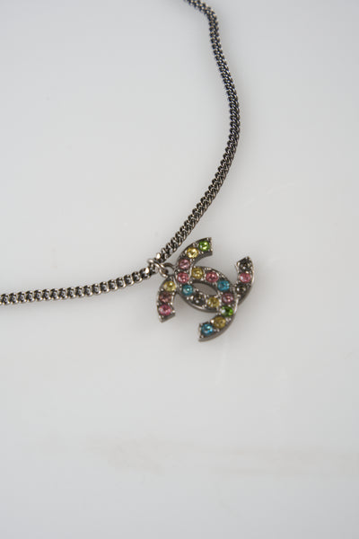 CHANEL "cc" rainbow rhinestones with gunmetal chain