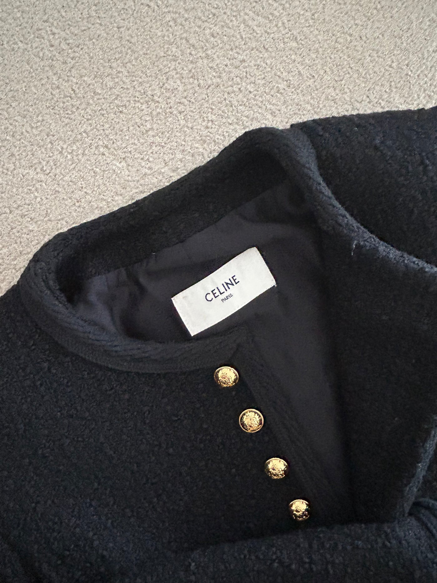 CELINE black chasseur jacket boucle with signature buttons size 40