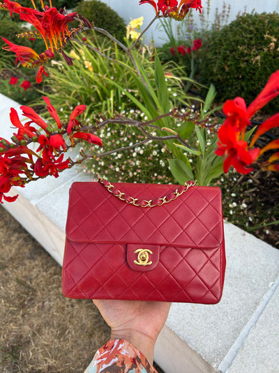 CHANEL vintage red leather handbag with 24ct gold plated hardware