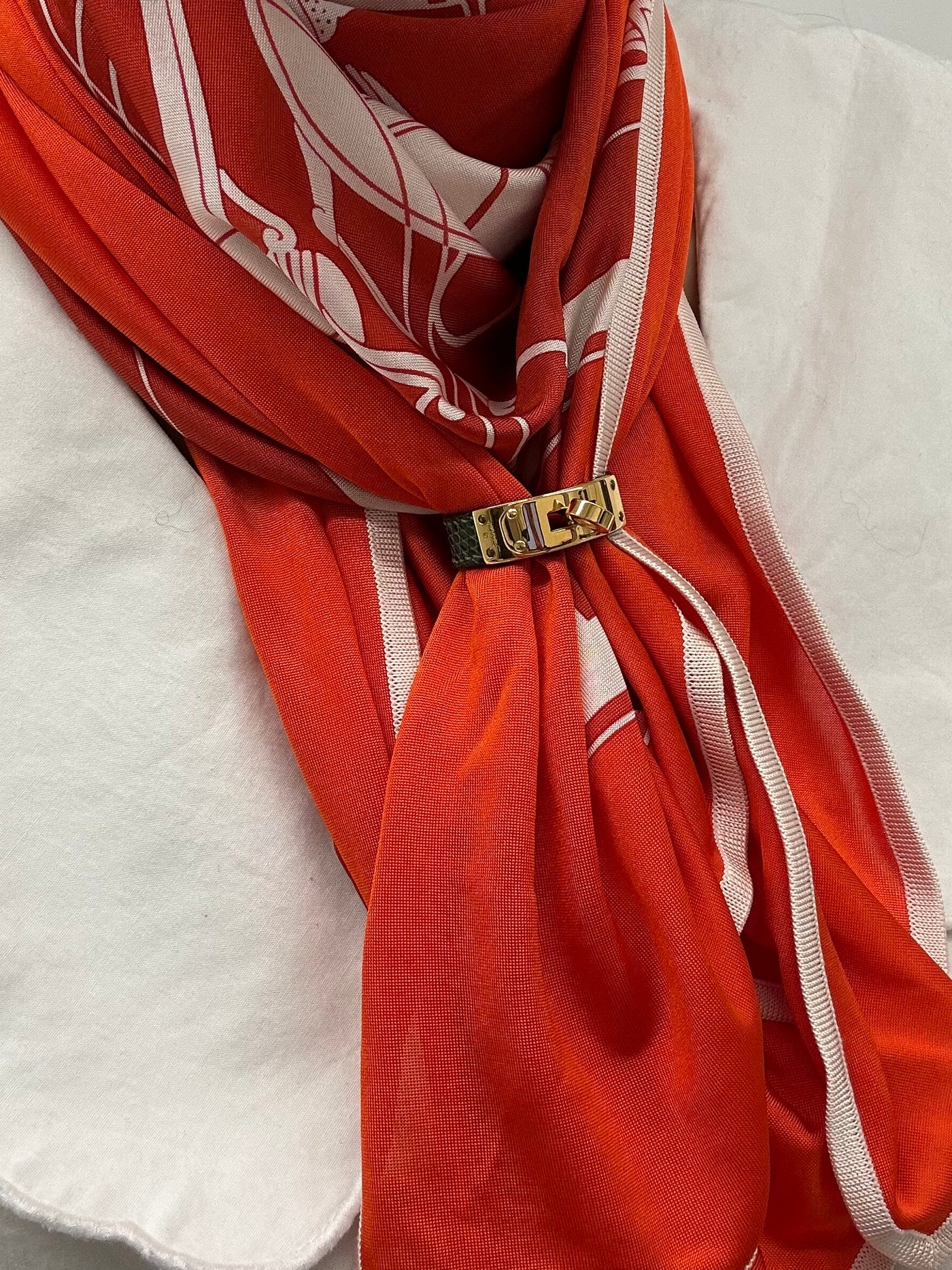 HERMES Ring Scarf Green Lizard Exotic Skin Gold Hardware with box