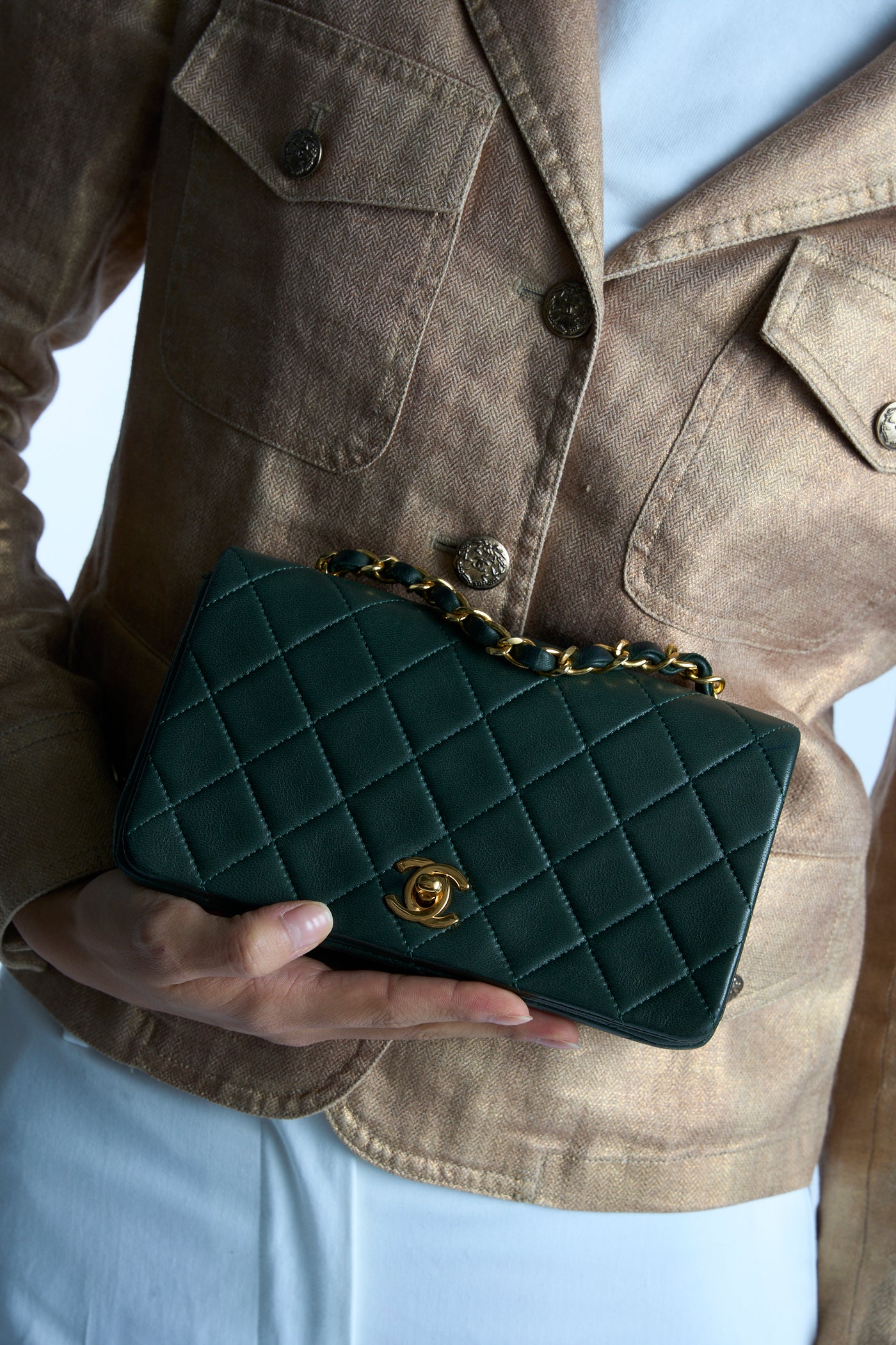 CHANEL rare mini full flap british green 24 ct gold hardware