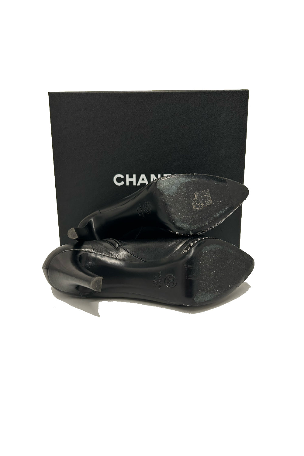 CHANEL Black Smooth Leather Boots Heels Silver Chain Trim with CC Logo Cap Toe with box size 41.5size