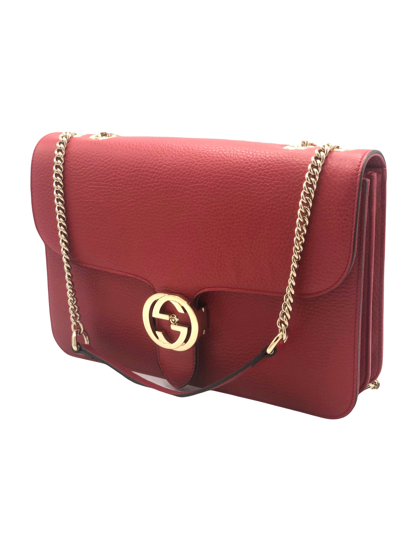 GUCCI red large interlocking grain calfskin handbag with gold chain