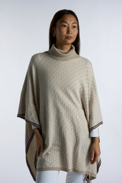 FENDI FF zucca print beige and cream wool cashmere roll neck poncho