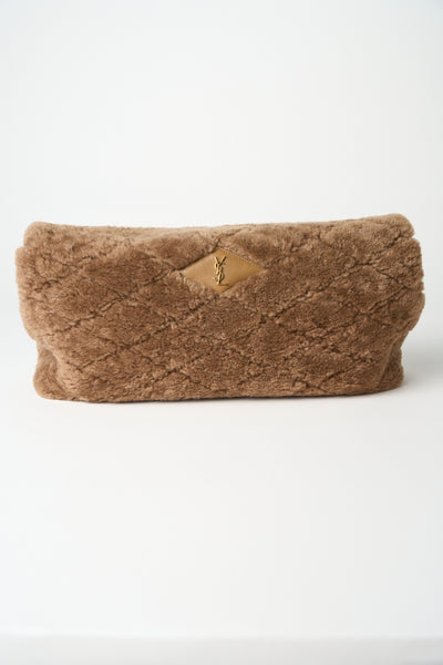 SAINT LAURENT beige shearling "Sade" YSL logo plaque large envelope clutch