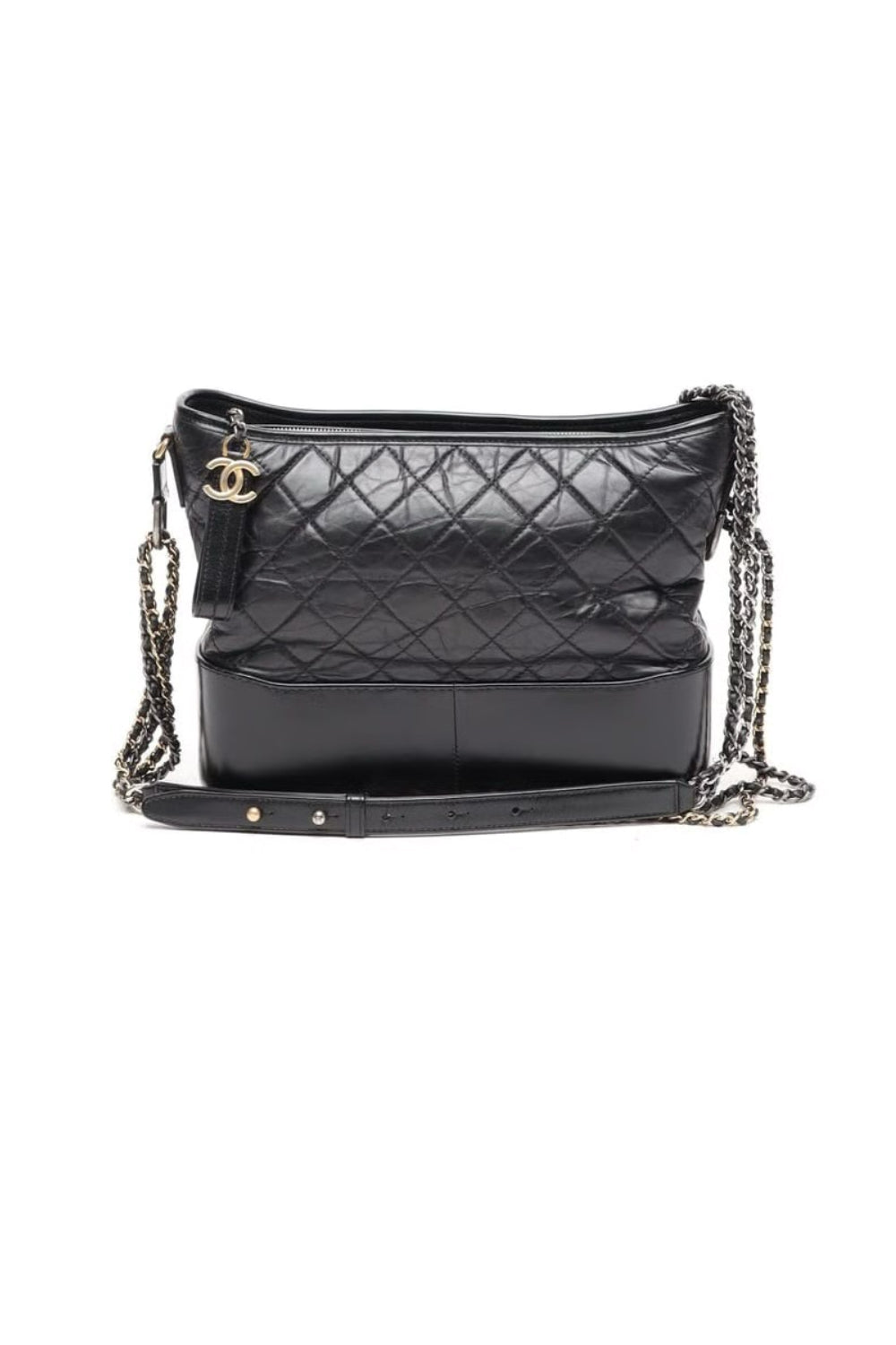 CHANEL Gabrielle Black Aged Calfskin Leather Handbag with Ruthenium ,Silver and Gold Hardware
