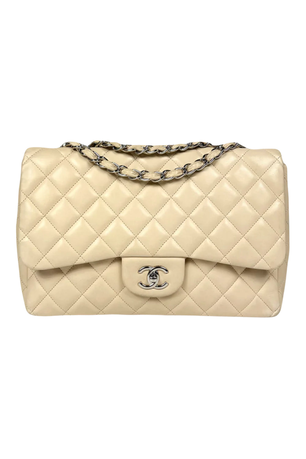 CHANEL Jumbo Single Flap Beige Clair Lambskin Leather Silver Hardware with box