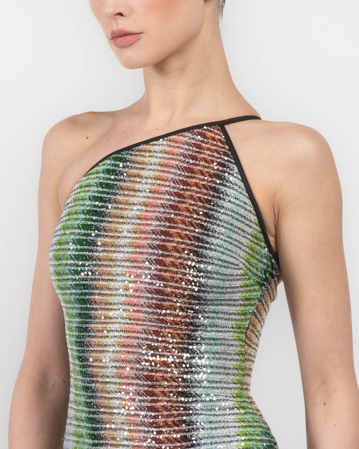 MISSONI Gradient Sequin Knit Zig Zag One Shoulder Dress Split Size 42it