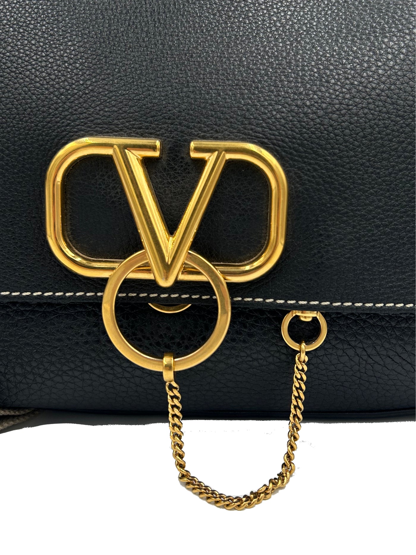 VALENTINO grain leather and canvas strap gold V signature bag