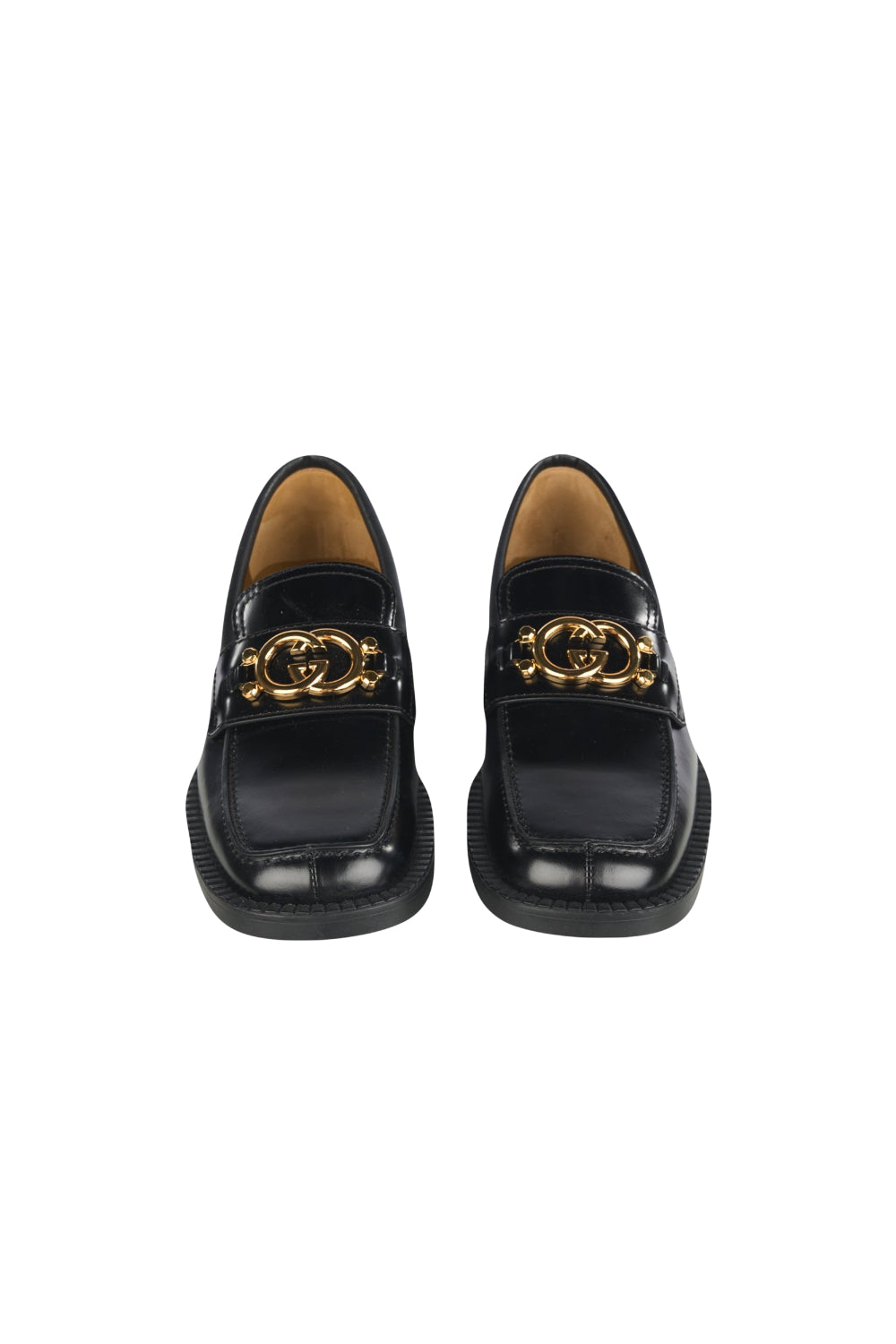 GUCCI black smooth leather loafers with gold GG buckle new in box size 41