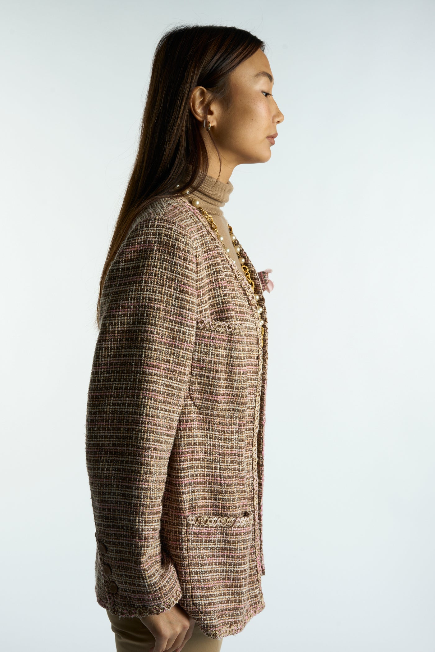 CHANEL tweed pink yellow brown spring jacket size 46