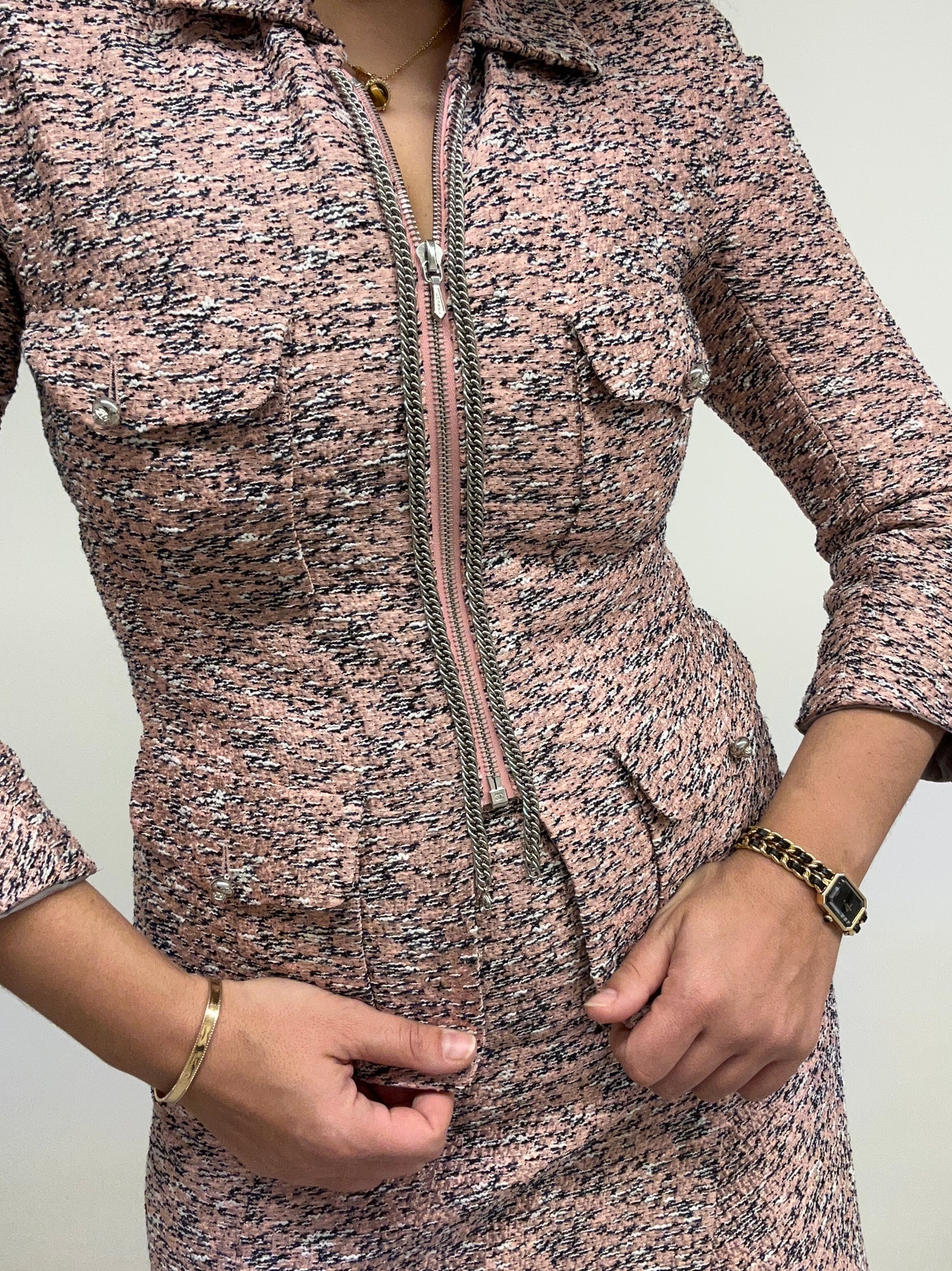 CHANEL Pink Silver Zip Chain Two Pieces Suit 2011 size 42