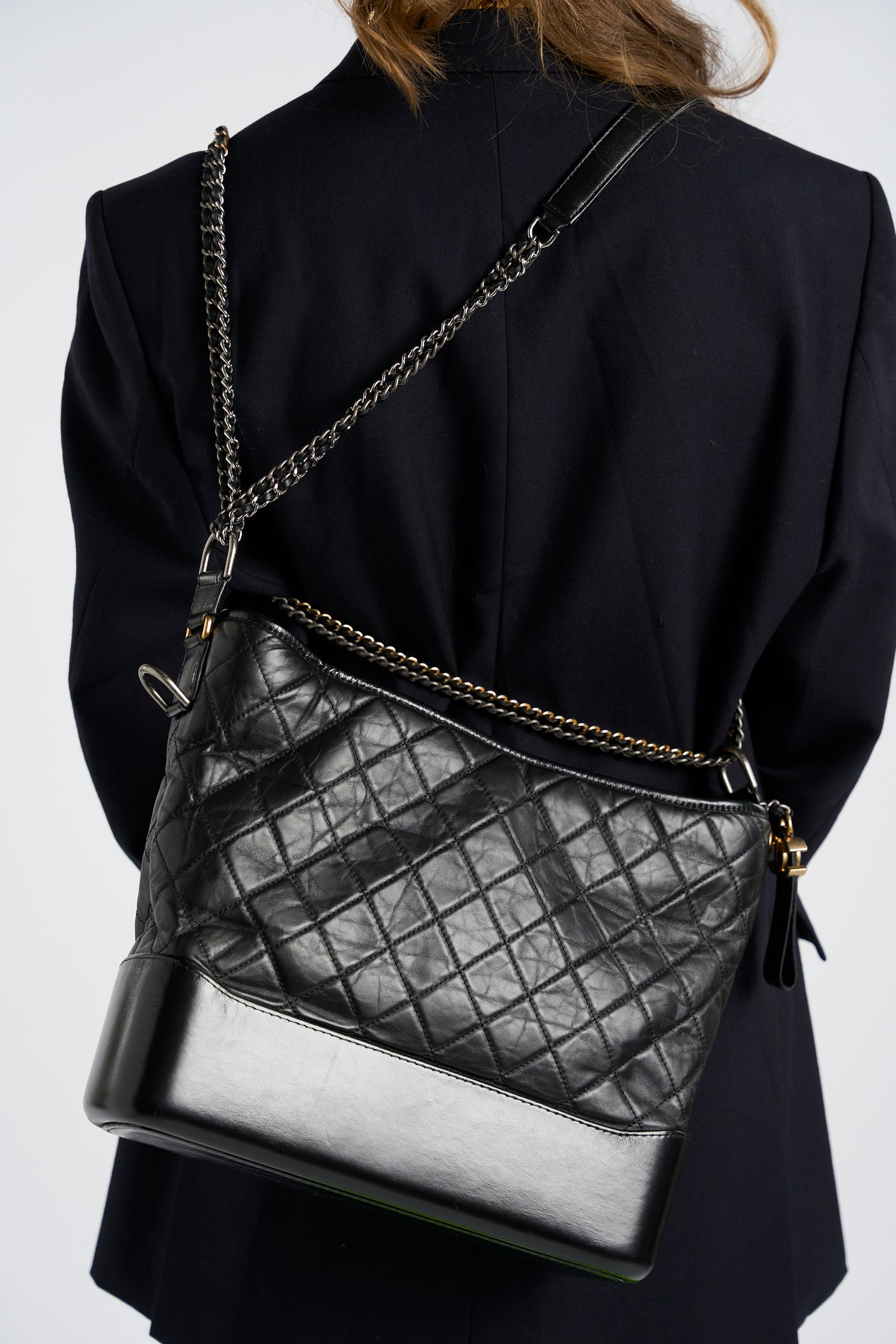 CHANEL Gabrielle black calfskin leather handbag with ruthenium ,silver and gold hardware