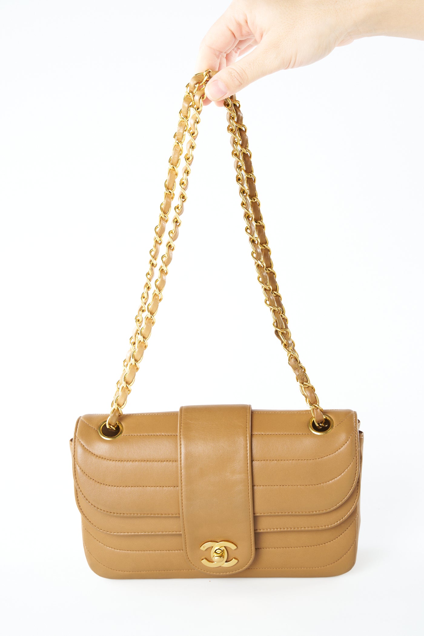 CHANEL rare caramel double flap wave leather handbag