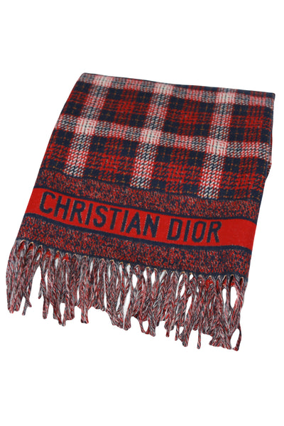 DIOR large wool checkered scarf with fringes