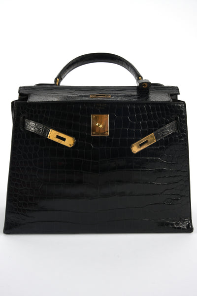 HERMES Kelly 32cm black shiny porosus crocodile ghw 1970's