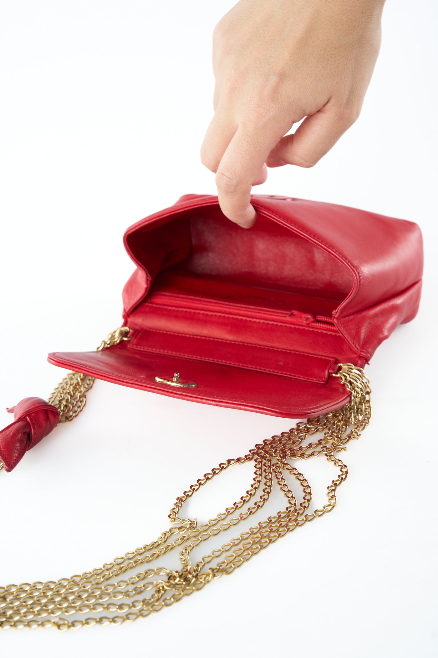 CHANEL red leather mini flap shoulder bag vintage 1986-1988