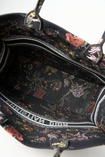 CHRISTIAN DIOR black canvas with floral embroidery large book tote