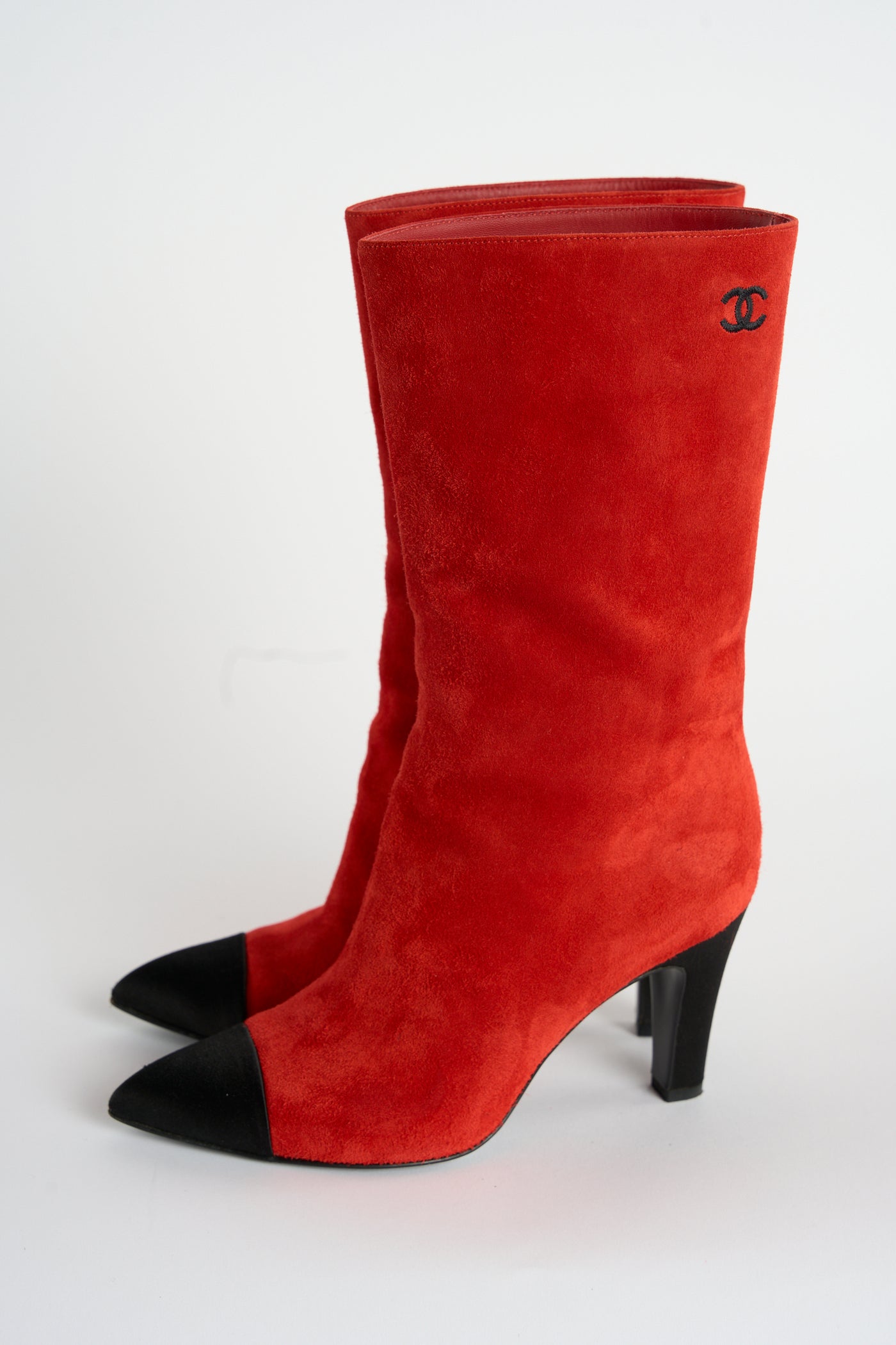 CHANEL red suede boots size 36 with box