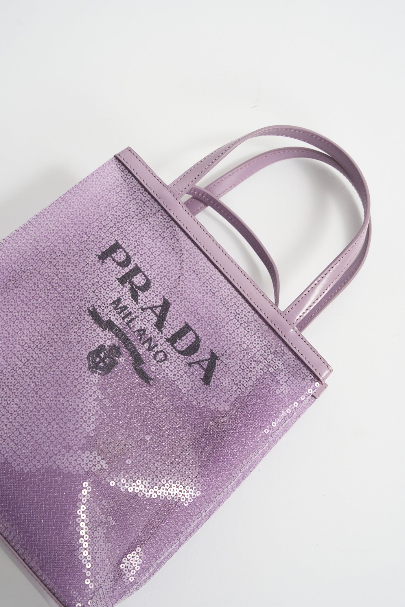 PRADA lavender logo sequined tote bag with leather pouch