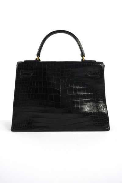 HERMES Kelly 32cm black shiny porosus crocodile ghw 1970's