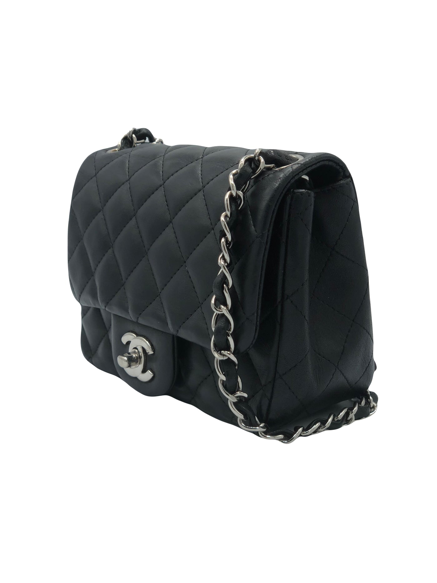 CHANEL Mini Square quilted lambskin with silver hardware hanbdag